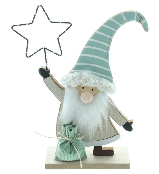 Dekorative Holzfigur eines Weihnachtswichtels mit Stern und Geschenkesack