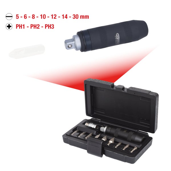 Schlagschrauber Set mit verschiedenen Bits in einem schwarzen Koffer