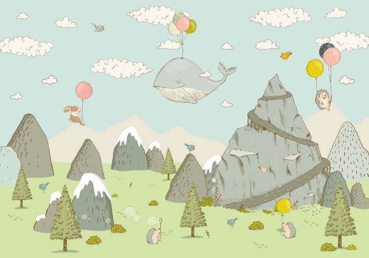 Illustration einer Landschaft mit Bergen, Tieren und Ballons
