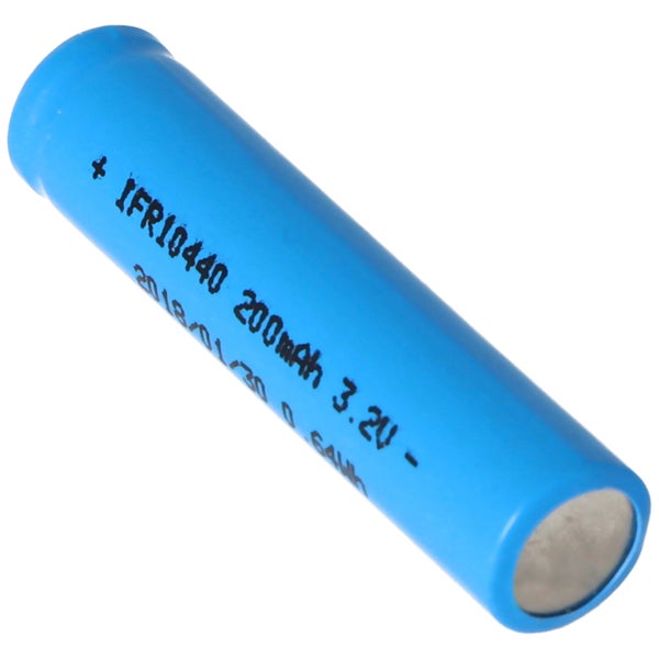 Blaue wiederaufladbare Lithium-Eisenphosphat-Batterie IFR10440 mit 200 Milliamperestunden und 3,2 Volt.
