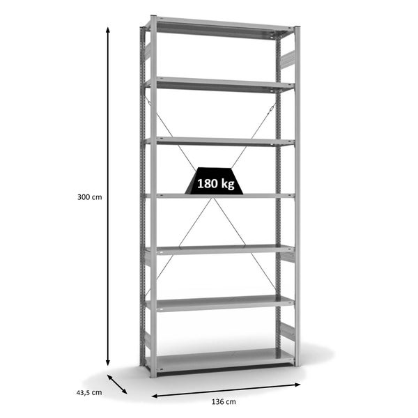 PROREGAL Fachbodenregal Stecksystem T-Profil Light-Duty Grundregal HxBxT 300 x 130 x 40 cm 7 Ebenen Fachlast 180 kg Einseitig Nutzbar Verzinkt