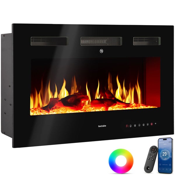 Elektrischer Kamin mit Flammeneffekt, Bedienteilen, Fernbedienung und Smartphone