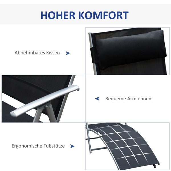 Outsunny Sonnenliege, Gartenliege, klappbar, mit Kissen, 137 x 63,5 x 100,5 cm, Metall+Stoff, Schwarz