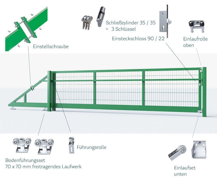 Grünes freitragendes Schiebetor aus Metall mit Details zu Schloss, Zylinder, Einstellschraube, Führungsrollen, Bodenführungsset und Einlaufset.