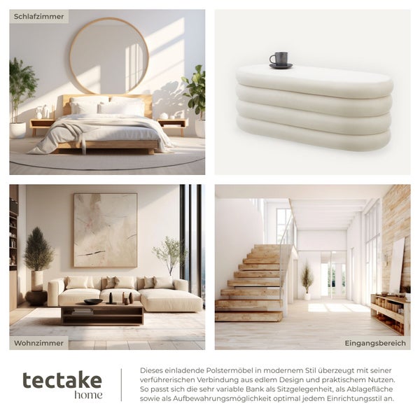 Collage mit Schlafzimmer, Wohnzimmer, Eingangsbereich und Detailansicht eines Möbels