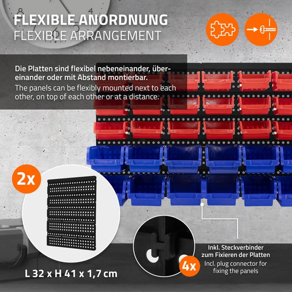 ECD Germany Wandregal mit Stapelboxen 30-tlg Blau-Rot, 18 kleine/12 große Schütten mit Etikettenfach, Werkstattregal erweiterbar Kleinteilemagazin Lagersystem Lagerregal Schüttenregal Sichtlagerkästen