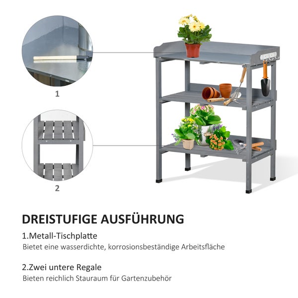 Outsunny Pflanztisch Gärtnertisch Blumentisch mit Metall Arbeitsfläche Garten Holz Grau 76 x 37 x 89 cm