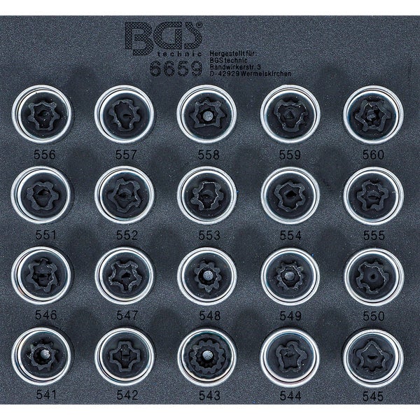 BGS technic Logo. Sortiment an Radmutterndrehern zur Demontage von Felgenschlössern