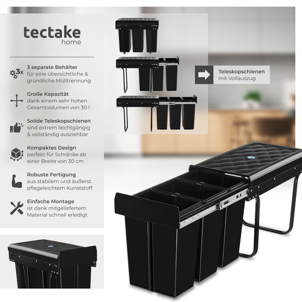 Abfallsammler tectake Ashlyn 26 x 48 x 42 cm 3-fach Mülltrennung, 3x10L schwarz