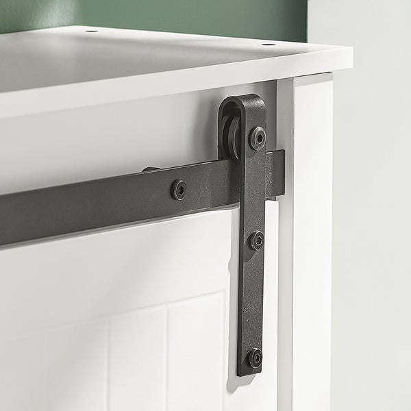 Detailansicht eines weißen Schranks mit schwarzer Schiebetürbeschlag.