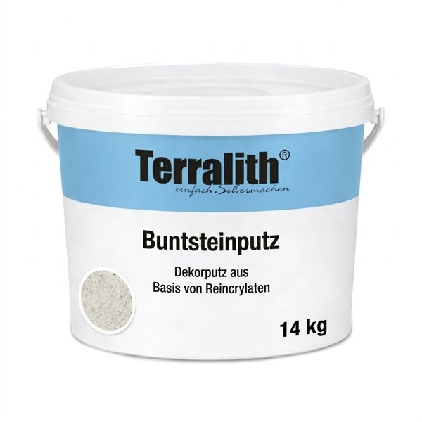 Terralith Buntsteinputz 14 Kilogramm, Dekorputz auf Basis von Reinacrylaten, Eimer mit Deckel und Tragegriff.