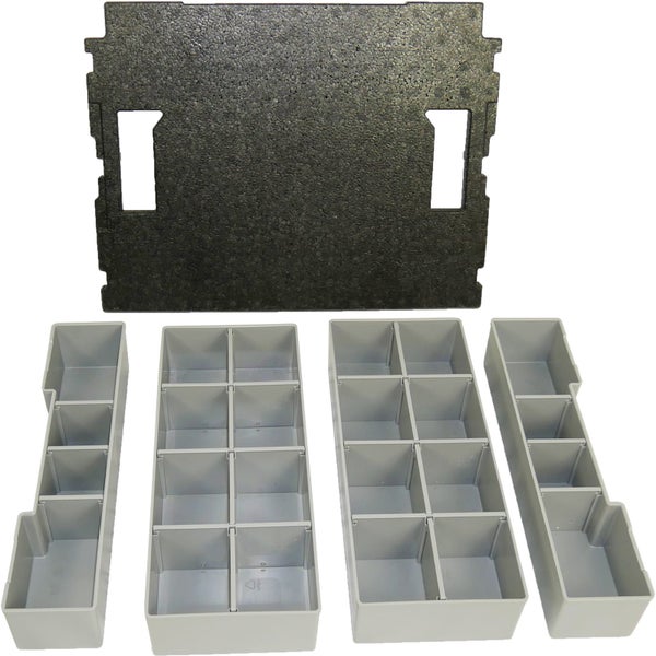 Set aus vier grauen Kunststoff-Einsatzboxen mit Fächern und einer schwarzen Schaumstoffeinlage für Werkzeugkoffer.