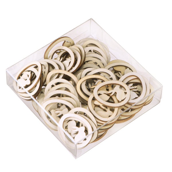 Dekorative Holzanhänger mit Ostermotiven in einer transparenten Box