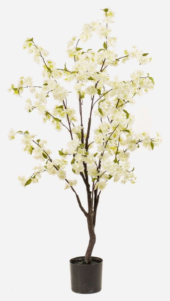 Künstlicher Kirschblütenbaum mit weißen Blüten und grünem Laub im schwarzen Kunststofftopf.