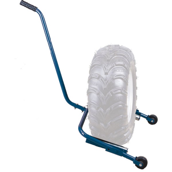 Radmontagehilfe aus Metall mit schwarzem Griff und zwei Rollen für bequemes Reifenwechseln.