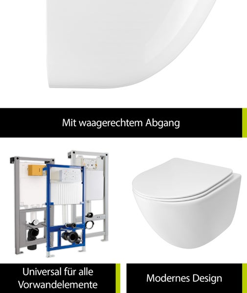 aquaSu® Spülrandloses Wand WC Set Levanto, Design Hänge WC, Tiefspüler, Keramik, Abgang waagerecht, Slimline WC-Sitz mit Absenkautomatik, Duroplast Toilettendeckel, Weiß, 045520