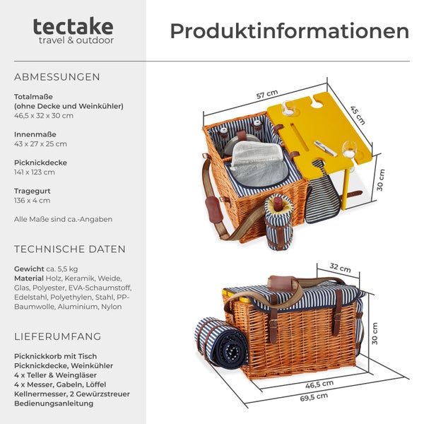 Picknickkorb tectake Rügen inkl. 20-teiliges Geschirrset, Kellnermesser, Gewürzstreuer und Weinkühler für 4 Personen, mit Picknickdecke braun