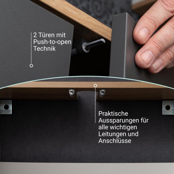 FACKELMANN FINN Badmöbel Set 2 Teile / Waschbecken / Waschbeckenunterschrank mit 2 Türen / Badschrank mit Push-to-Open / Korpus & Front: Schwarz / Rahmendekor & Füße: Braun hell / Breite: 60 cm