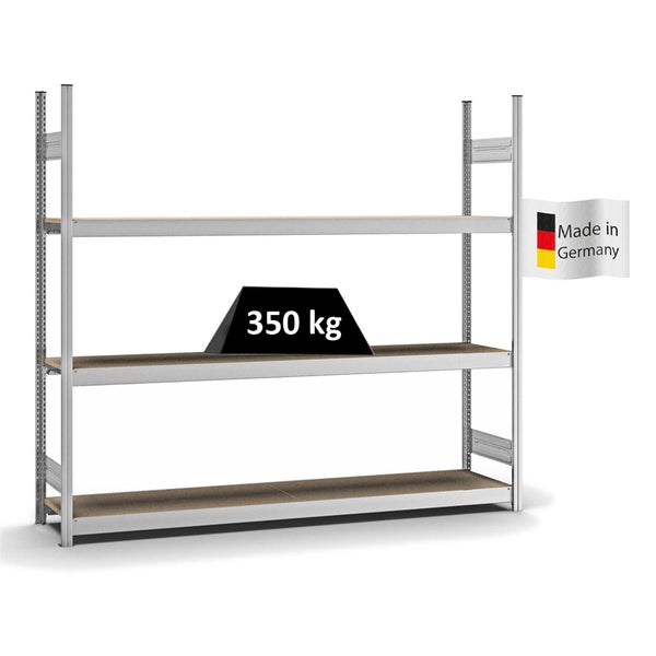 PROREGAL Weitspannregal Stecksystem T-Profil Grundregal HxBxT 200x225x40 cm 3 Ebenen Spanplatten Fachboden Fachlast 350 kg Verzinkt