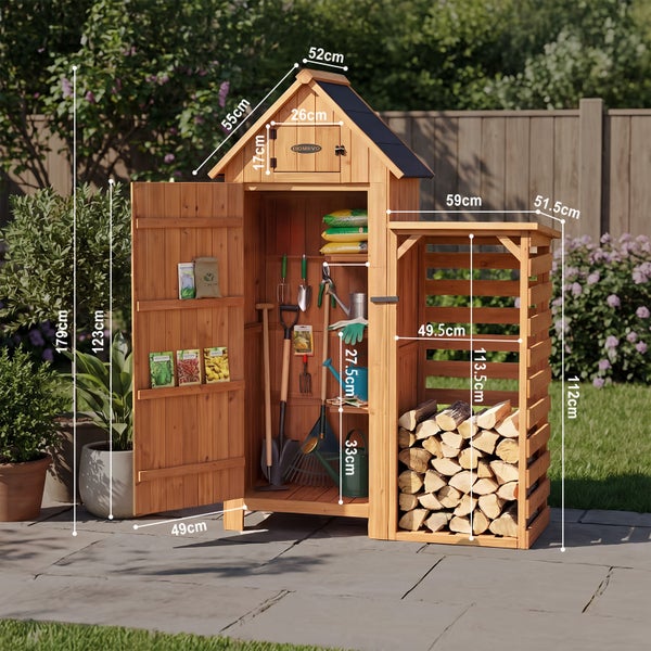 Gartenschrank aus Holz mit integriertem Kaminholzregal und Werkzeugaufbewahrung inklusive Maßangaben in Zentimetern.