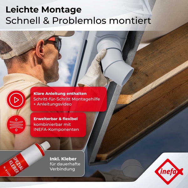 Ein Handwerker montiert ein INEFA Fallrohr an einer Dachkante. Inklusive Spezialkleber und Montagehinweisen für eine einfache Installation. Inefa Logo.