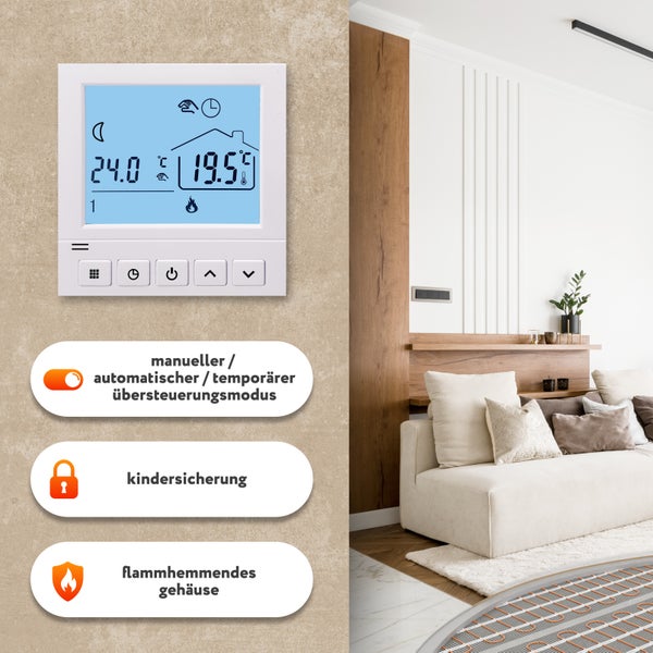 Digitaler Thermostat mit manueller, automatischer und temporärer Übersteuerung, Kindersicherung und flammhemmendem Gehäuse