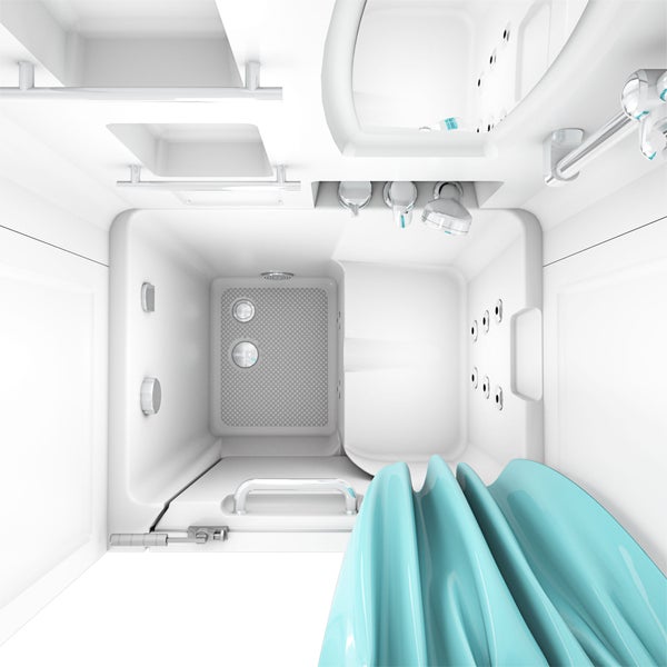 Draufsicht einer weißen Sitzbadewanne mit Dusche, integriertem Sitz, Massagedüsen, Chromarmaturen und strukturiertem Boden.