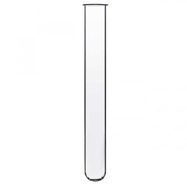 Transparentes Reagenzglas aus Glas mit rundem Boden und Bördelrand.