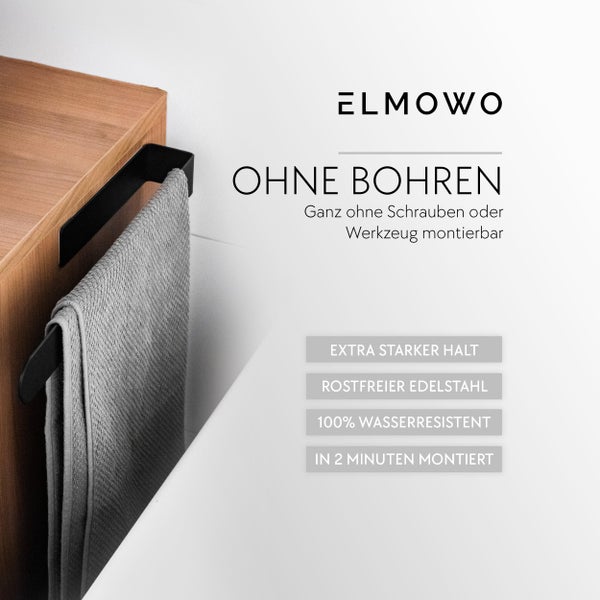 Handtuchhalter aus Edelstahl von Elmowo zur Montage ohne Bohren an einem Holzschrank, inklusive Textinformationen zu Produkteigenschaften.