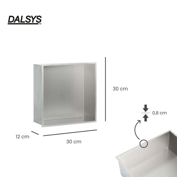 Dalsys Wandnische aus Edelstahl, 30 mal 30 Zentimeter, Tiefe 12 Zentimeter, Materialstärke 0,8 Zentimeter.