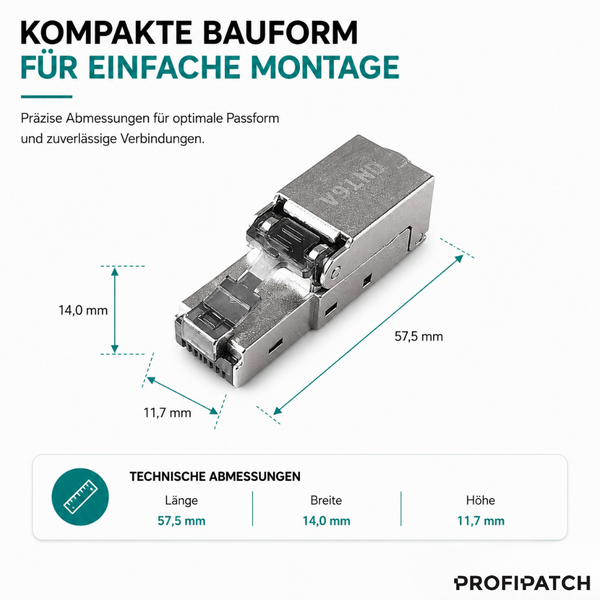 RJ45 Netzwerkstecker mit kompakten Abmessungen: Länge 57,5 Millimeter, Breite 14,0 Millimeter, Höhe 11,7 Millimeter. Profipatch Logo.