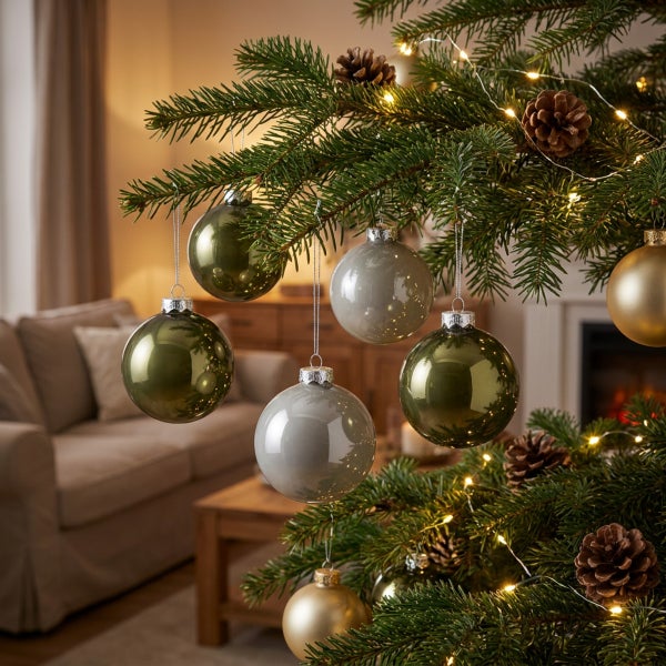 Weihnachtsbaum mit glänzenden Christbaumkugeln in verschiedenen Naturtönen, dekoriert mit Zapfen und einer Lichterkette im Wohnzimmer
