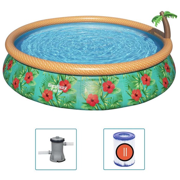 Bestway Fast Set Aufstellpool mit tropischem Muster und aufblasbarer Palme, inklusive Filterpumpe und Filterkartusche.