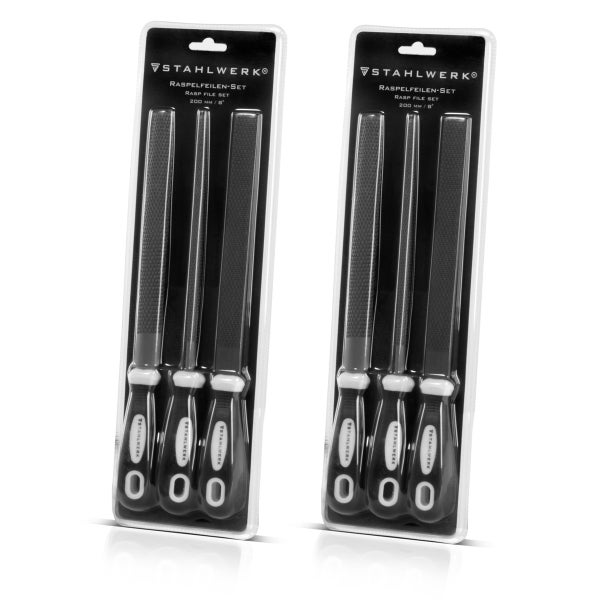 Zwei Stahlwerk Raspelfeilen-Sets mit je drei Raspeln im Set verpackt