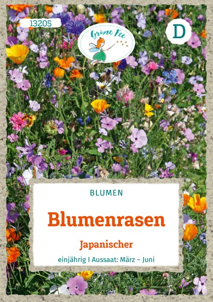 Samentüte für bunten Japanischen Blumenrasen, Grüne Fee Logo, einjährig, Aussaat von März bis Juni.