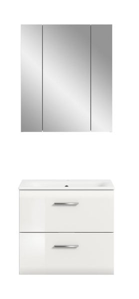 Badmöbel-Set bestehend aus einem dreitürigen Spiegelschrank und einem weißen Waschbeckenunterschrank mit zwei Schubladen und Waschbecken.