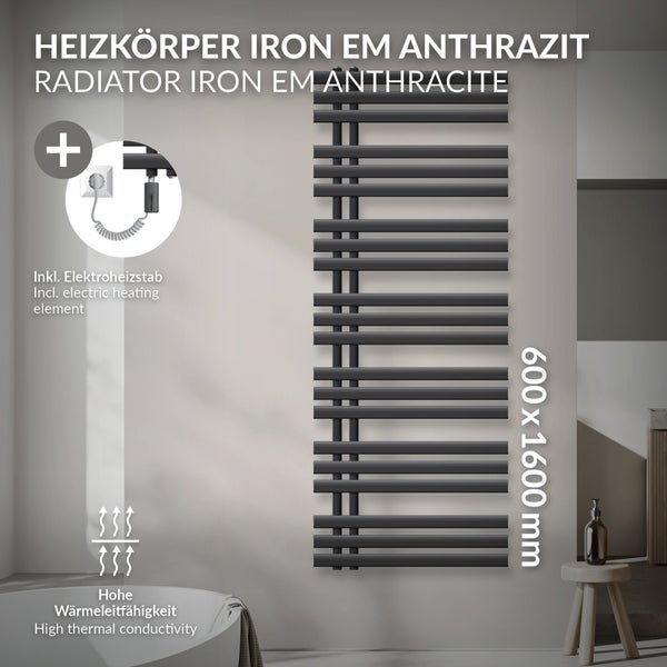 LuxeBath Elektrischer Badheizkörper Iron EM 600x1600 mm Anthrazit + Heizstab 1200W mit Thermostat Touchbedienung, Handtuchheizkörper mit Heizpatrone, Handtuchwärmer Paneelheizkörper Designheizkörper