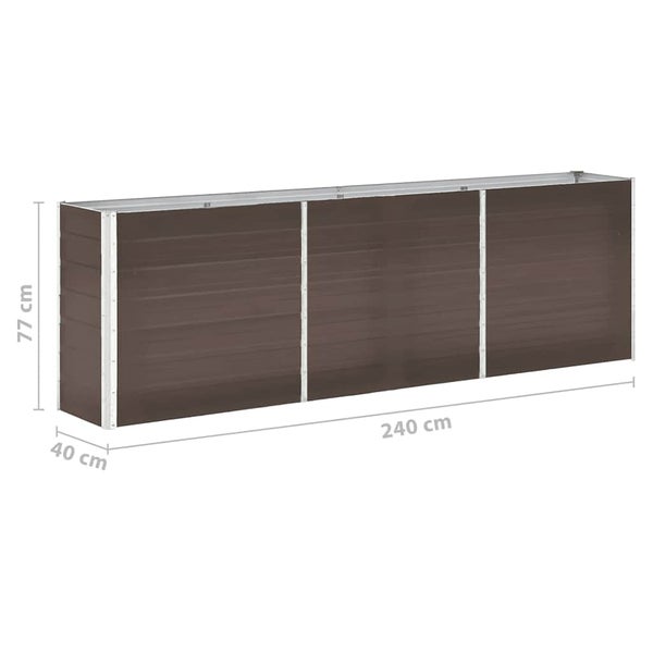 Rechteckiges Hochbeet aus braunen Metallpaneelen, 240 Zentimeter lang, 40 Zentimeter breit und 77 Zentimeter hoch.