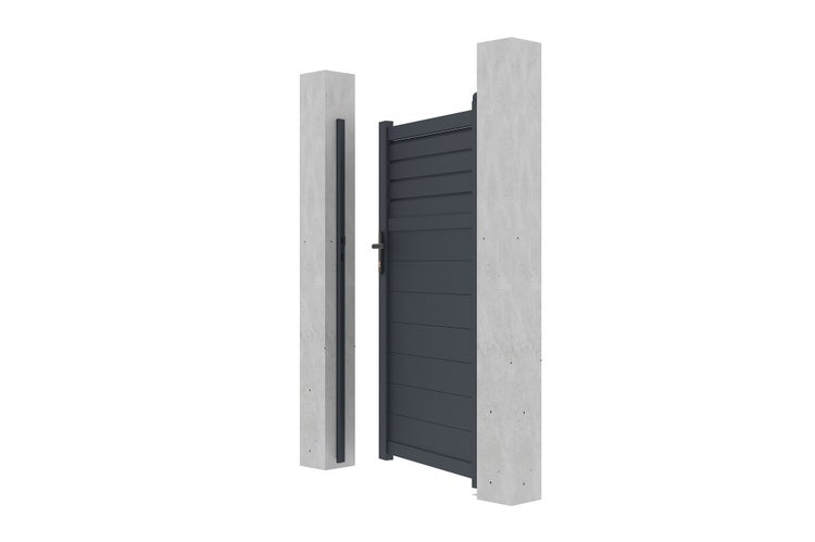 Einflügeliges Gartentor aus Aluminium in Anthrazit mit horizontalen Lamellen, montiert zwischen zwei Pfosten in Betonoptik.