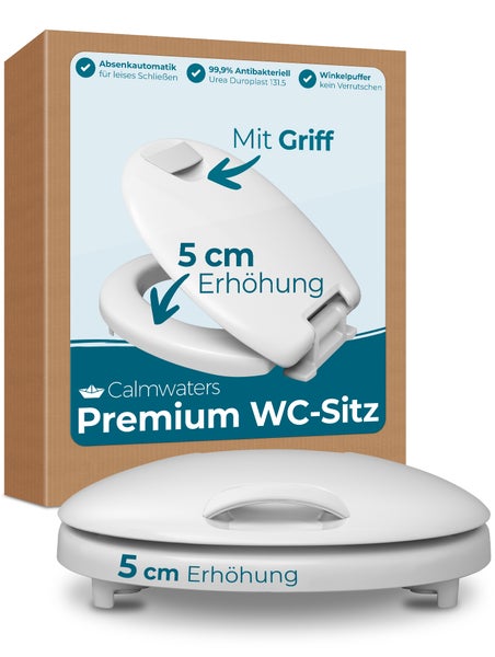 Calmwaters WC-Sitz erhöht, + 5 cm Erhöhung, stabiler Griff, Absenkautomatik, Made in EU, antibakteriell, univeral, oval, Duroplast, Toilettensitz