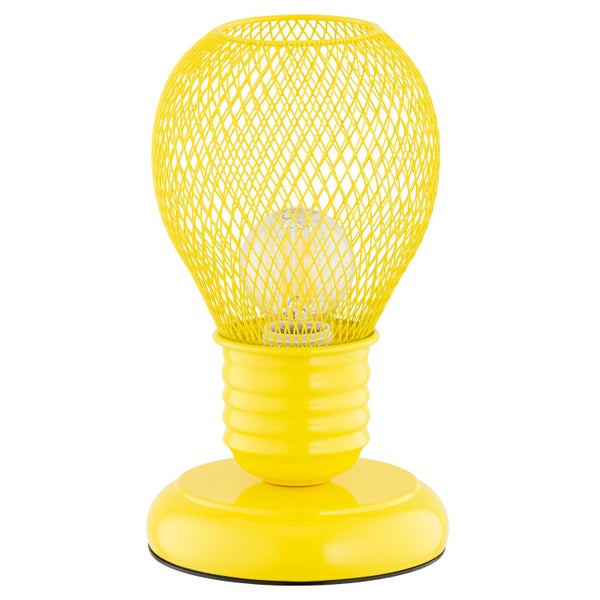 Tischleuchte in Form einer Glühlampe mit einem Gitter-Lampenschirm aus Metall
