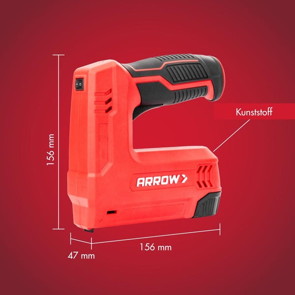 Arrow Elektrotacker aus Kunststoff mit den Maßen 156 mm Höhe, 156 mm Länge und 47 mm Breite.