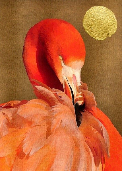 Wandbild mit Flamingo-Motiv und goldenem Kreiselement in künstlerischem Stil.