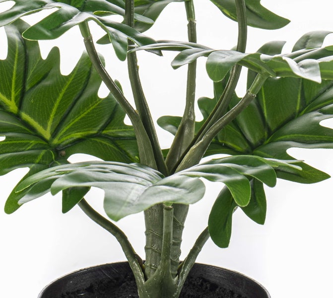 Nahaufnahme einer Kunstpflanze in einem schwarzen Kunststofftopf.