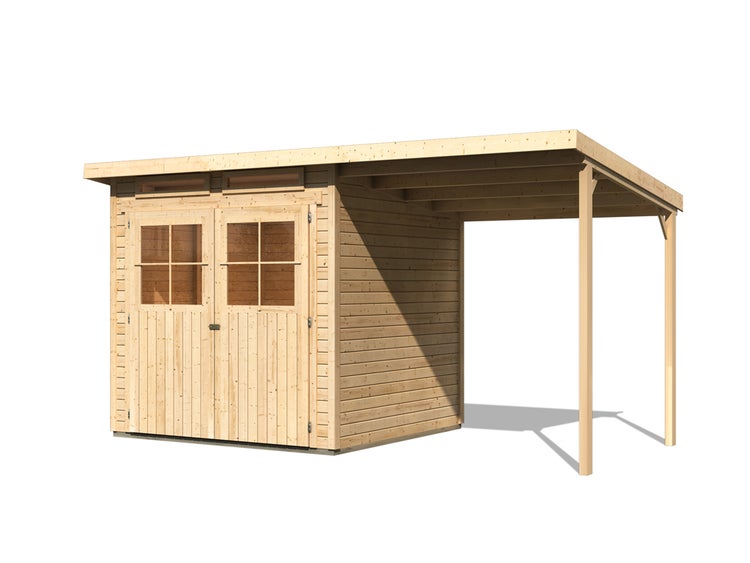 Gartenhaus aus Holz mit Pultdach, Doppeltür mit Fenstern und seitlichem Anbaudach.