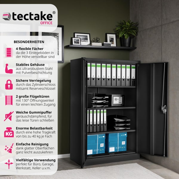Aktenschrank tectake  140 x 90 x 40 cm aus pulverbeschichtetem Stahl schwarz