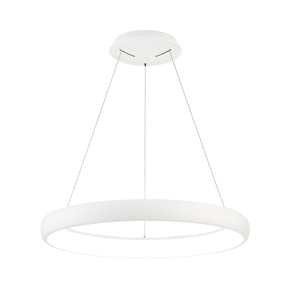 Moderne runde LED Pendelleuchte in Ringform mit Deckenbefestigung und feiner Seilaufhängung.