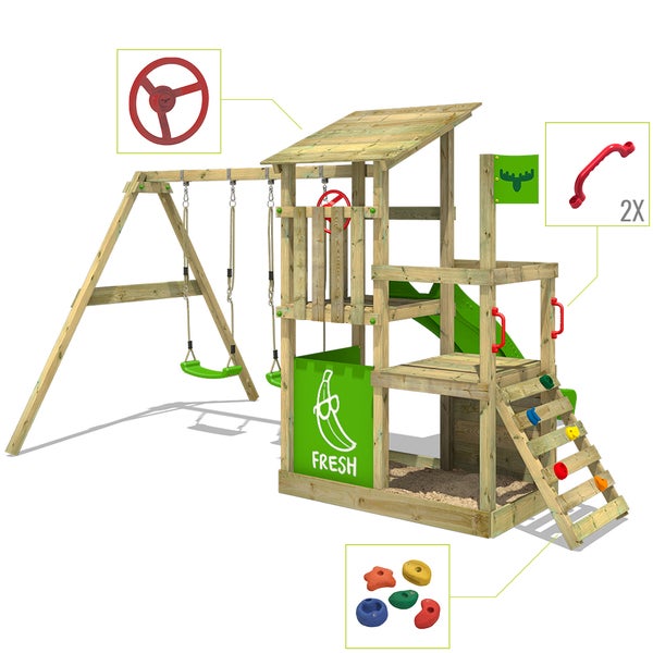 FATMOOSE Spielturm Klettergerüst FruityForest mit Schaukel und Rutsche, Kletterturm mit Sandkasten, Leiter und Spiel-Zubehör - apfelgrün