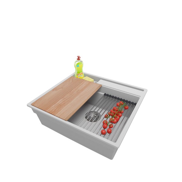 PRIMAGRAN Spülbecken Grau 58x53cm, Granitspüle 1 Becken + Ablauf-Set + Küchenzubehörset, Küchenspüle ab 60er Unterschrank - Oslo Pocket