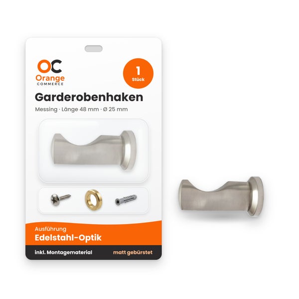 Garderobenhaken aus Messing in Edelstahloptik, matt gebürstet, Länge 48 Millimeter, Durchmesser 25 Millimeter, inklusive Montagematerial